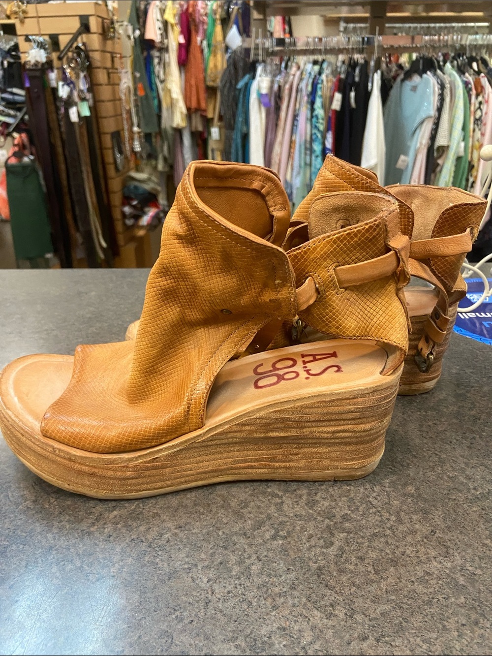 A.S.98 Cognac Open-Toe Wedge Sandal Boots - Picture 2 of 6